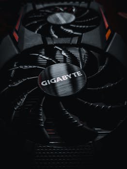 Detailed view of a Gigabyte graphics card fan with sleek design elements.