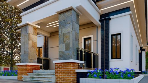 Free Contemporary house entry with stone pillars and brick steps. Modern facade design Stock Photo