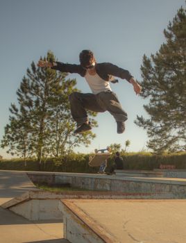 A skateboarder executes a trick mid-air in a sunlit outdoor skate park with trees in the background.. skateboarder, executes,