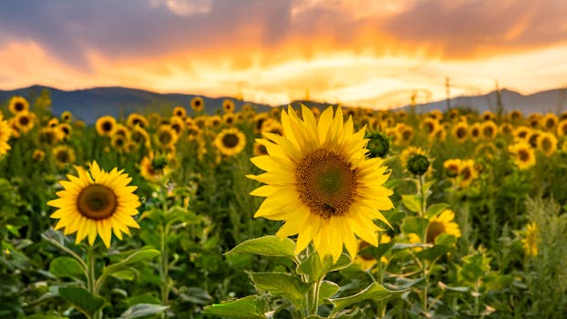 A breathtaking sunflower field under a vivid sunset sky.