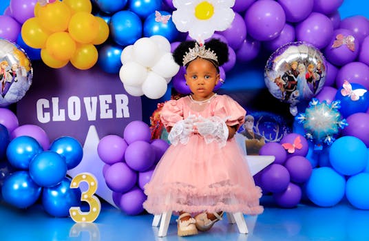 Charming birthday party scene with a young girl in a pink dress surrounded by colorful balloons.