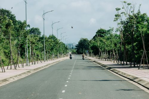 Free Serene road in Kon Tum, Vietnam, lined with young trees and a motorbike in the distance. Stock Photo
