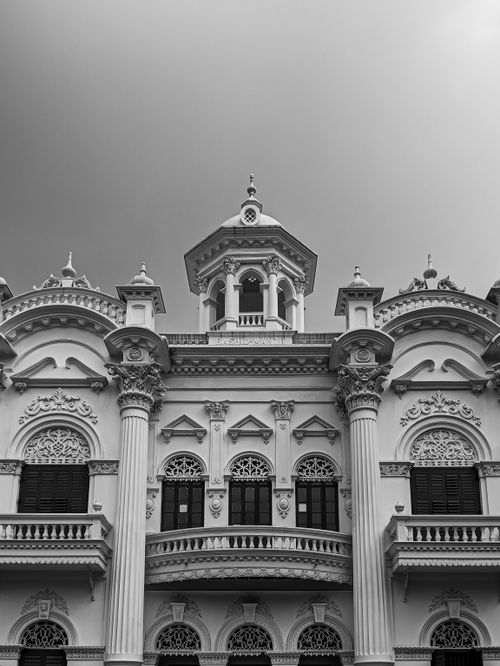 Free Monochrome photo highlighting intricate details of a historic palace in Dhaka, Bangladesh. Stock Photo