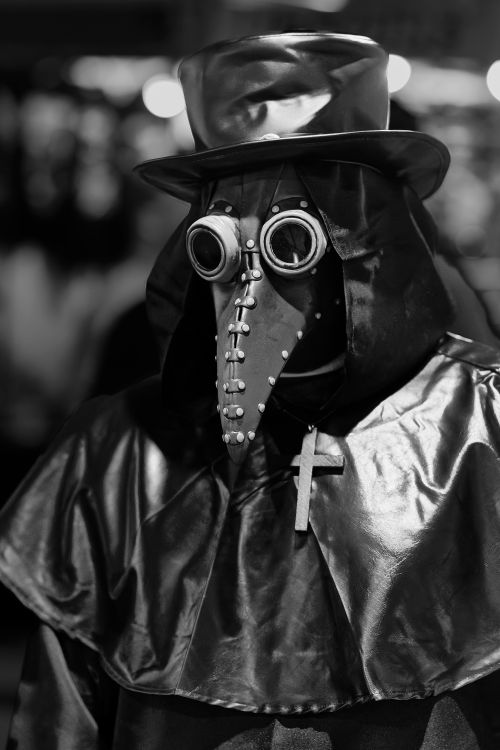 Free Black and white image of a person in a plague doctor costume with a beak mask and hat. Stock Photo