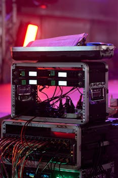 Close-up of audio equipment with colorful stage lights at a live event, showcasing professional sound gear.