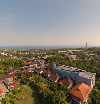 Stunning aerial view of the coastline and architecture in Bali, Indonesia.