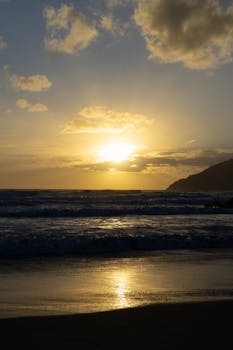 Beautiful sunset over the ocean with golden hues and waves crashing ashore.