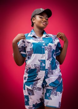 Confident woman in floral patterned outfit against vibrant background.