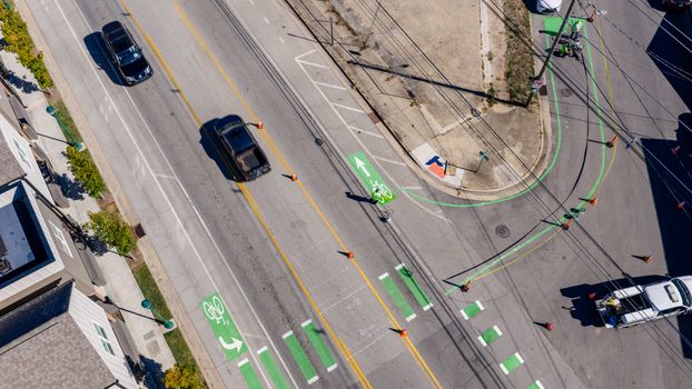 Aerial view of a road intersection with bike lanes in Chattanooga, Tennessee.