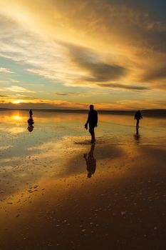 Silhouetted figures walking on a reflective beach at sunset, creating a peaceful and scenic view.
