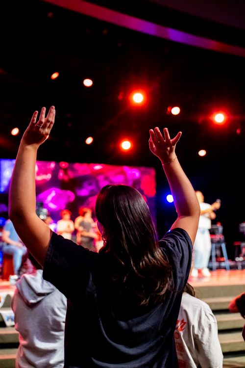 Free Silhouetted audience member with hands raised at a vibrant live concert with colorful stage lighting. Stock Photo