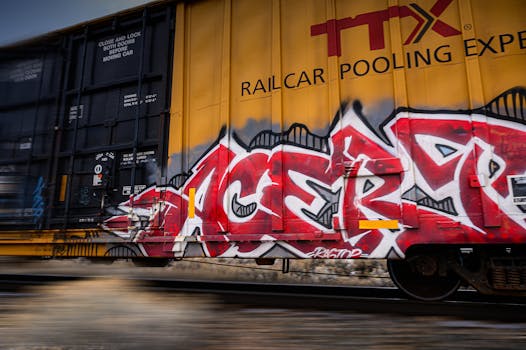 Dynamic shot of a freight train with vibrant graffiti art speeding along the tracks.
