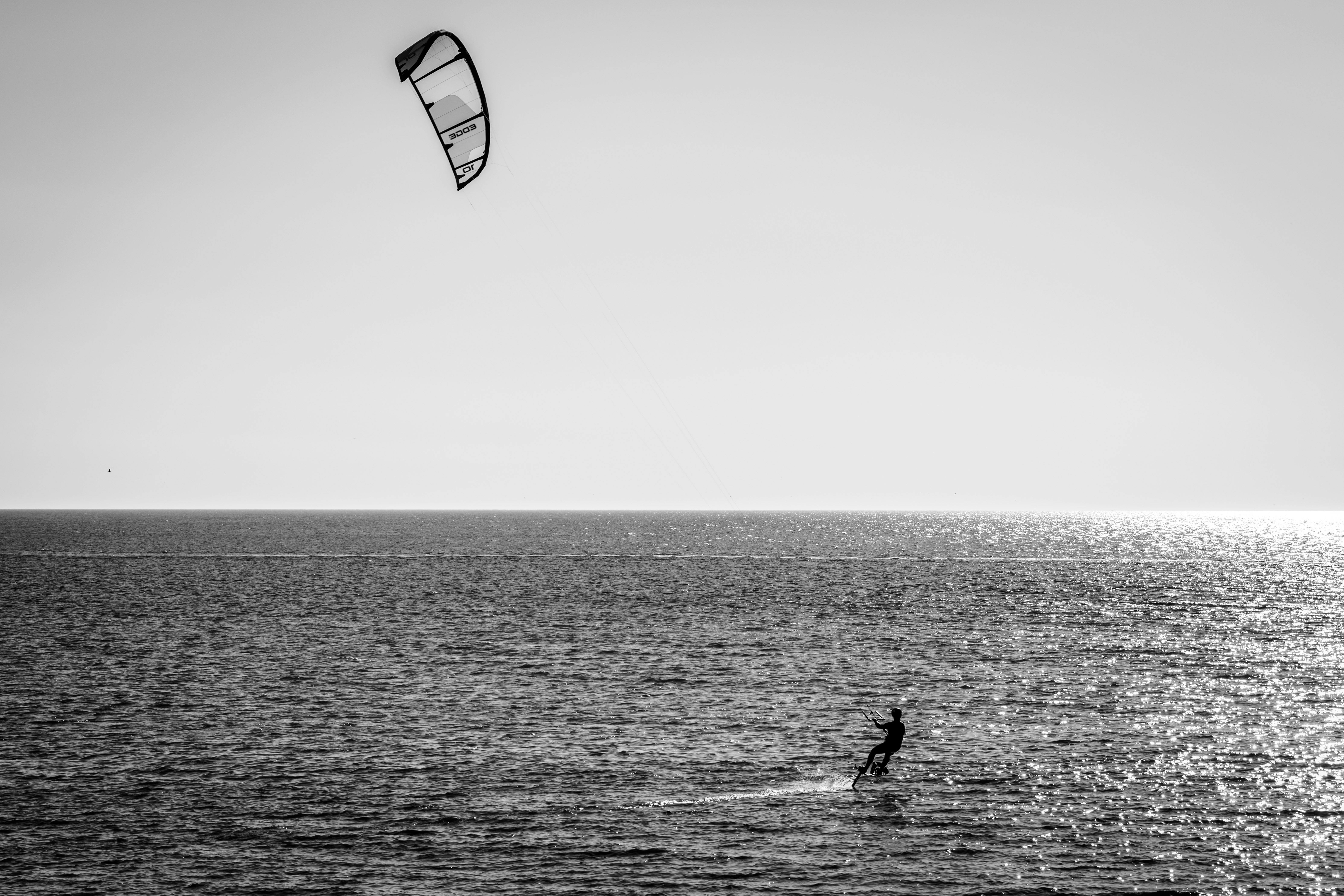 在阳光明媚的日子里，黑白照片中的风筝冲浪者正在大海上滑行