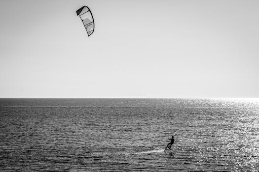 在阳光明媚的日子里，黑白照片中的风筝冲浪者正在大海上滑行