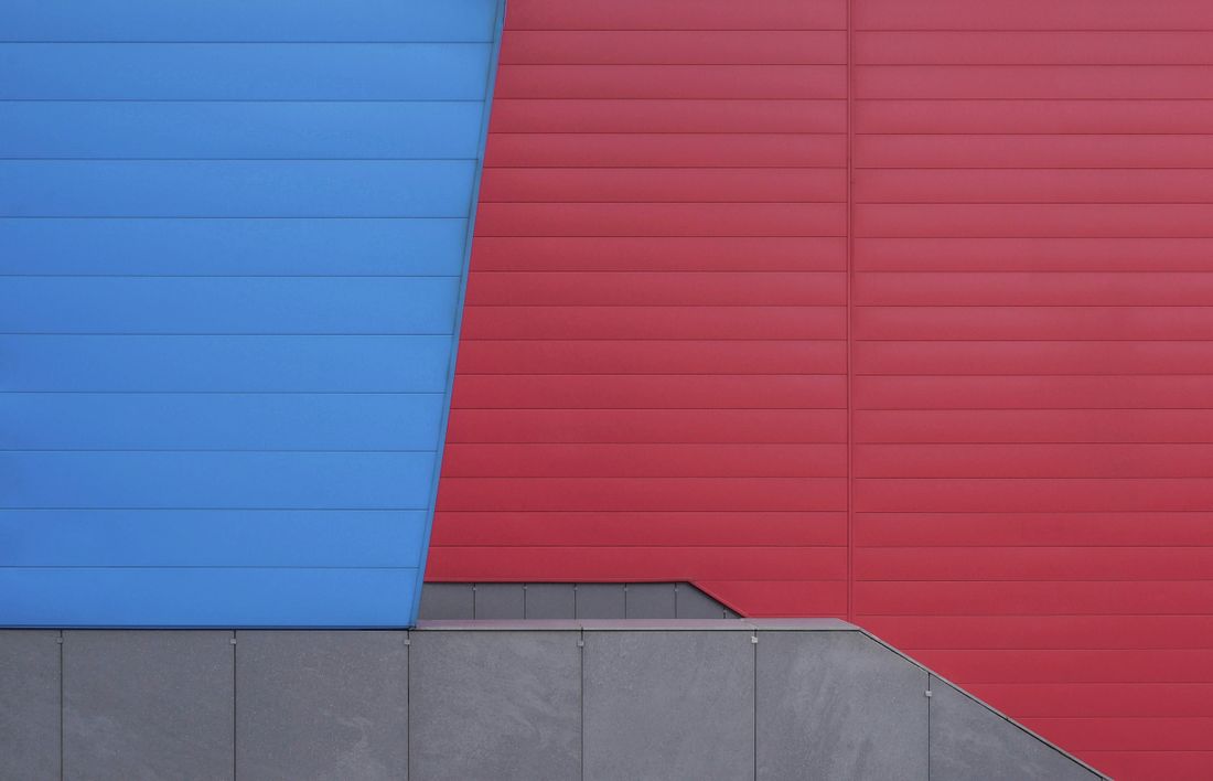 Red and blue geometric architectural composition