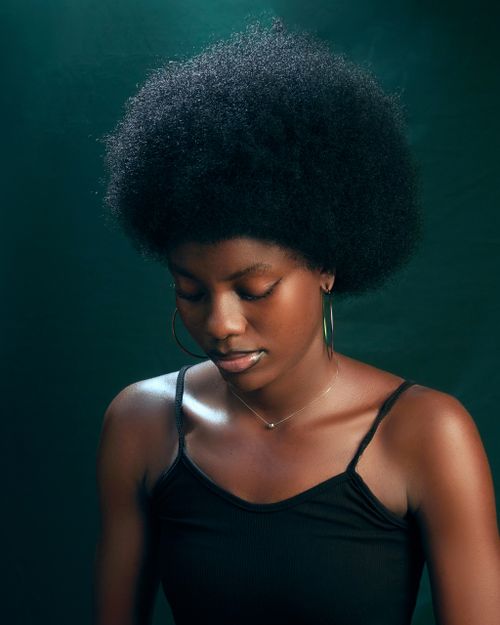 Free Captivating portrait of a woman with a natural afro hairstyle and minimalistic jewelry. Stock Photo