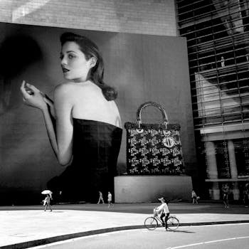 黑白城市街道上，有时尚广告牌、骑自行车的人和行人