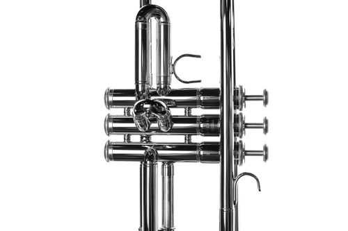 Free Detailed close-up of a silver trumpet showcasing valves and tuning slides against a white background. Stock Photo