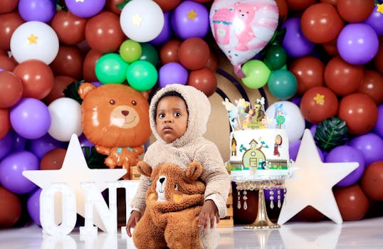 Cute baby in teddy costume at colorful first birthday celebration.