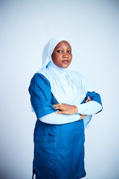 Portrait of a confident female doctor wearing blue scrubs and hijab, arms crossed.