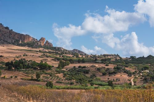 Free Scenic view of rolling hills and farmland with clear blue sky and fluffy clouds. Stock Photo