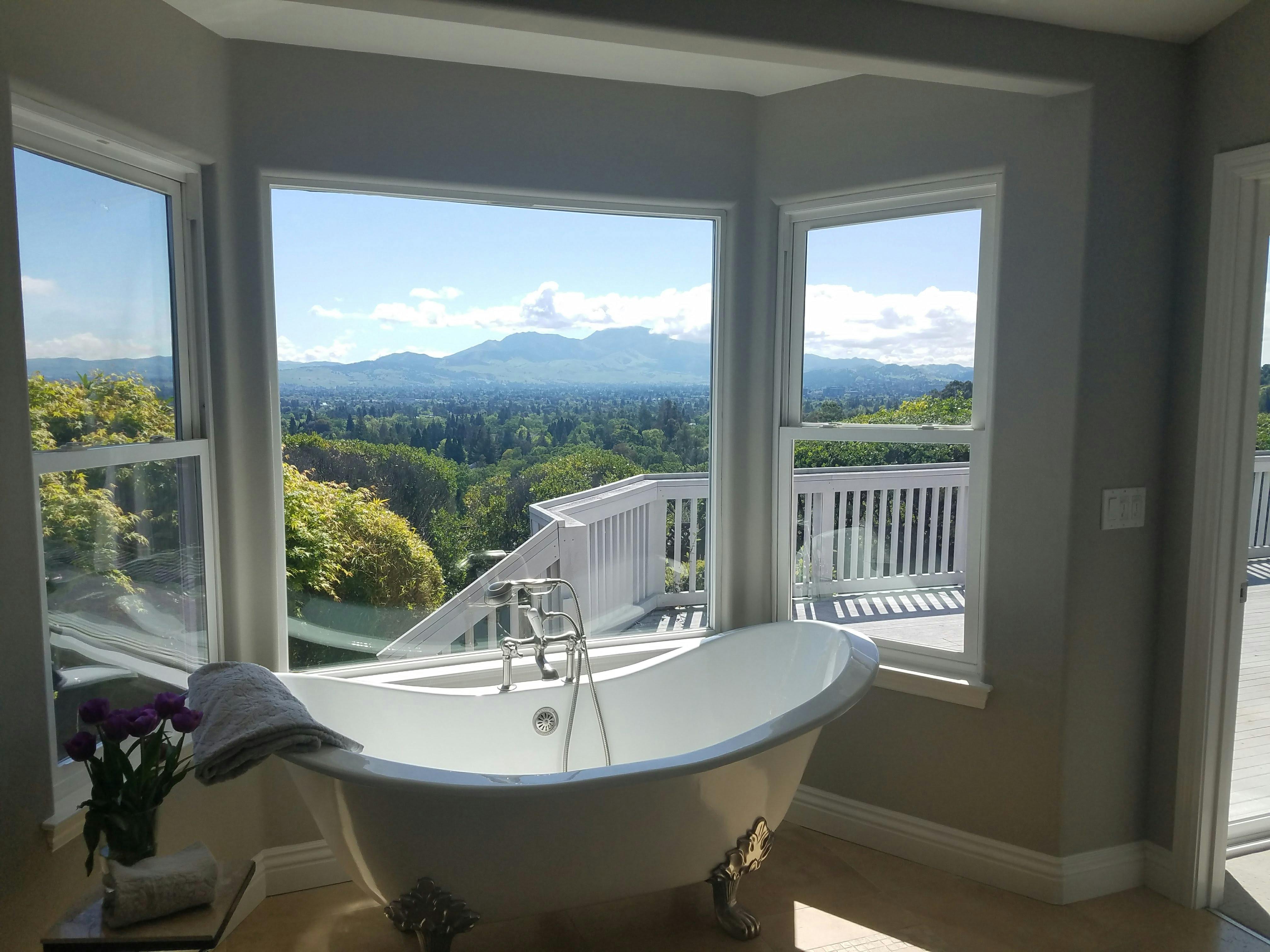 Elegant bathroom featuring a vintage bathtub with breathtaking mountain and forest views through large windows.