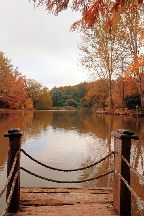 Free Peaceful autumn scene by a lake with colorful foliage and wooden dock. Stock Photo