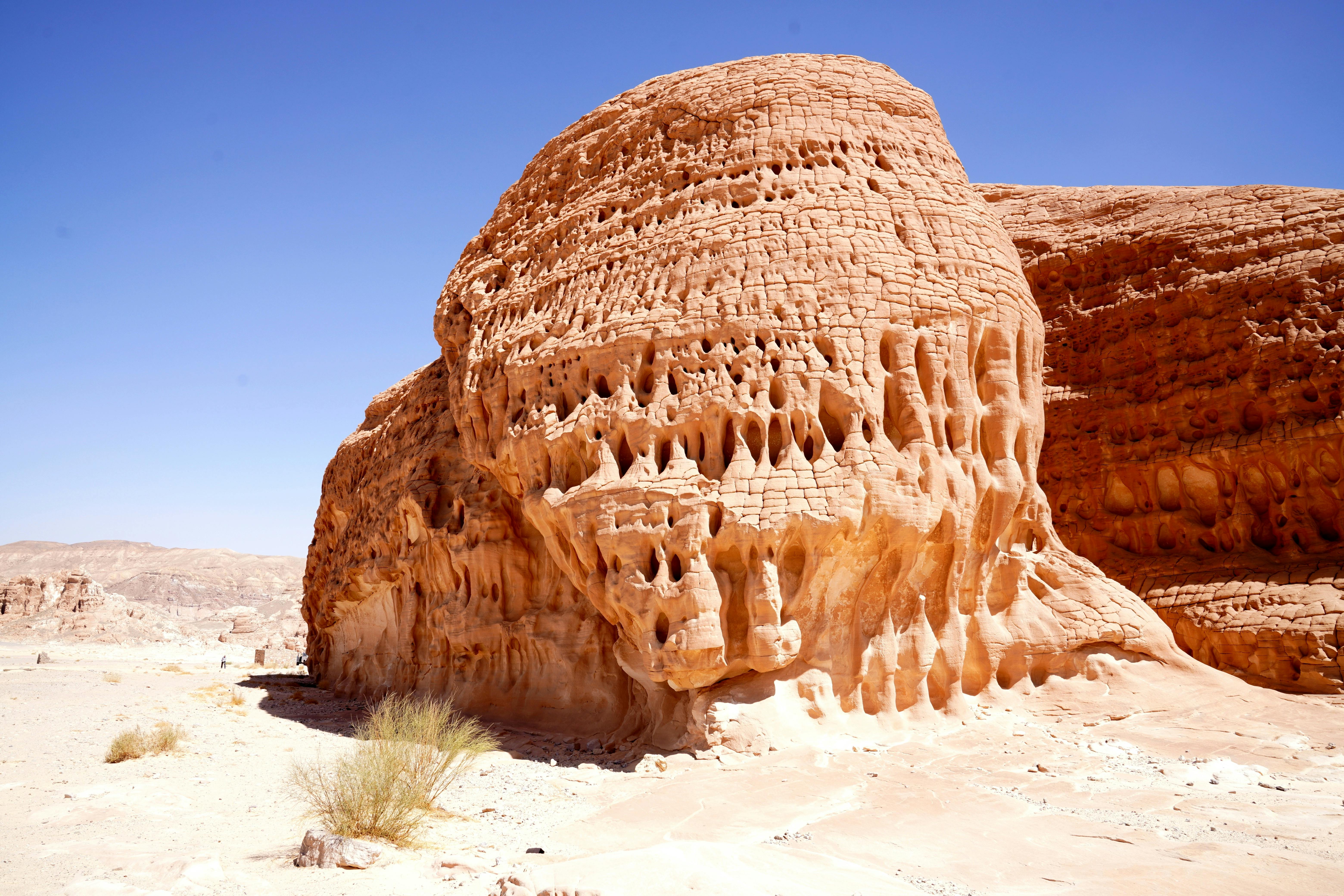 Stunning erosion patterns on sandstone in a bright desert landscape.