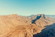 从空中俯瞰，沙漠山谷壮丽，地形崎岖，天空晴朗