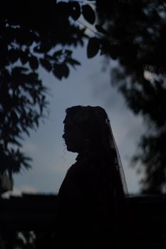 Artistic silhouette of a bride in traditional attire against a moody evening sky, creating a serene and timeless feel.