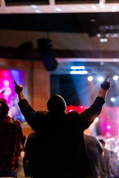 Audience member passionately raises arms at vibrant indoor concert, capturing energy and excitement.