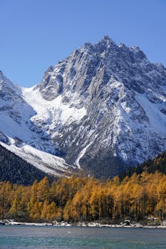 Breathtaking view of a snow-capped mountain with autumn foliage in the foreground under a clear blue sky.