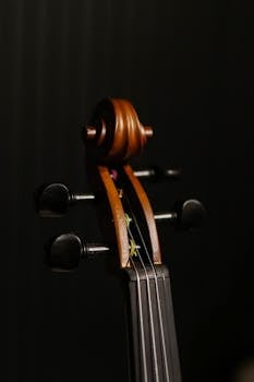 Close-up view of a violin scroll, highlighting the craftsmanship in a moody, dark setting.