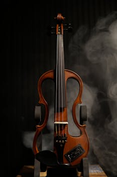 A classic violin set against a mystical smoke-filled backdrop, evoking a sense of mystery.
