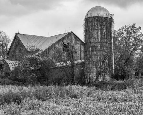 Free Moody black and white photo of an abandoned barn and silo in rural Pennsylvania, showcasing nature's reclaim. Stock Photo