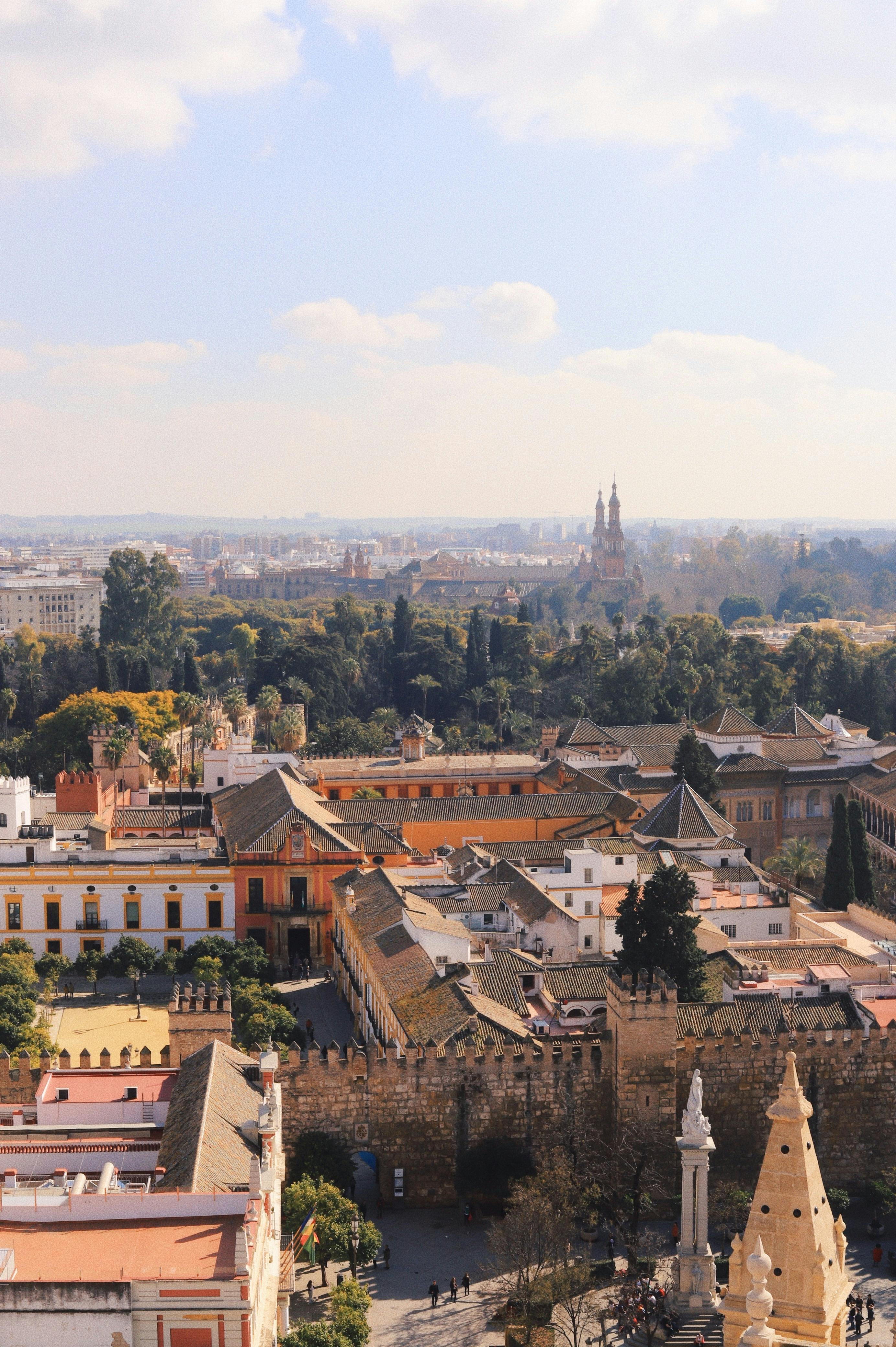 Aerial view of Seville featuring historic architecture and the iconic cathedral.