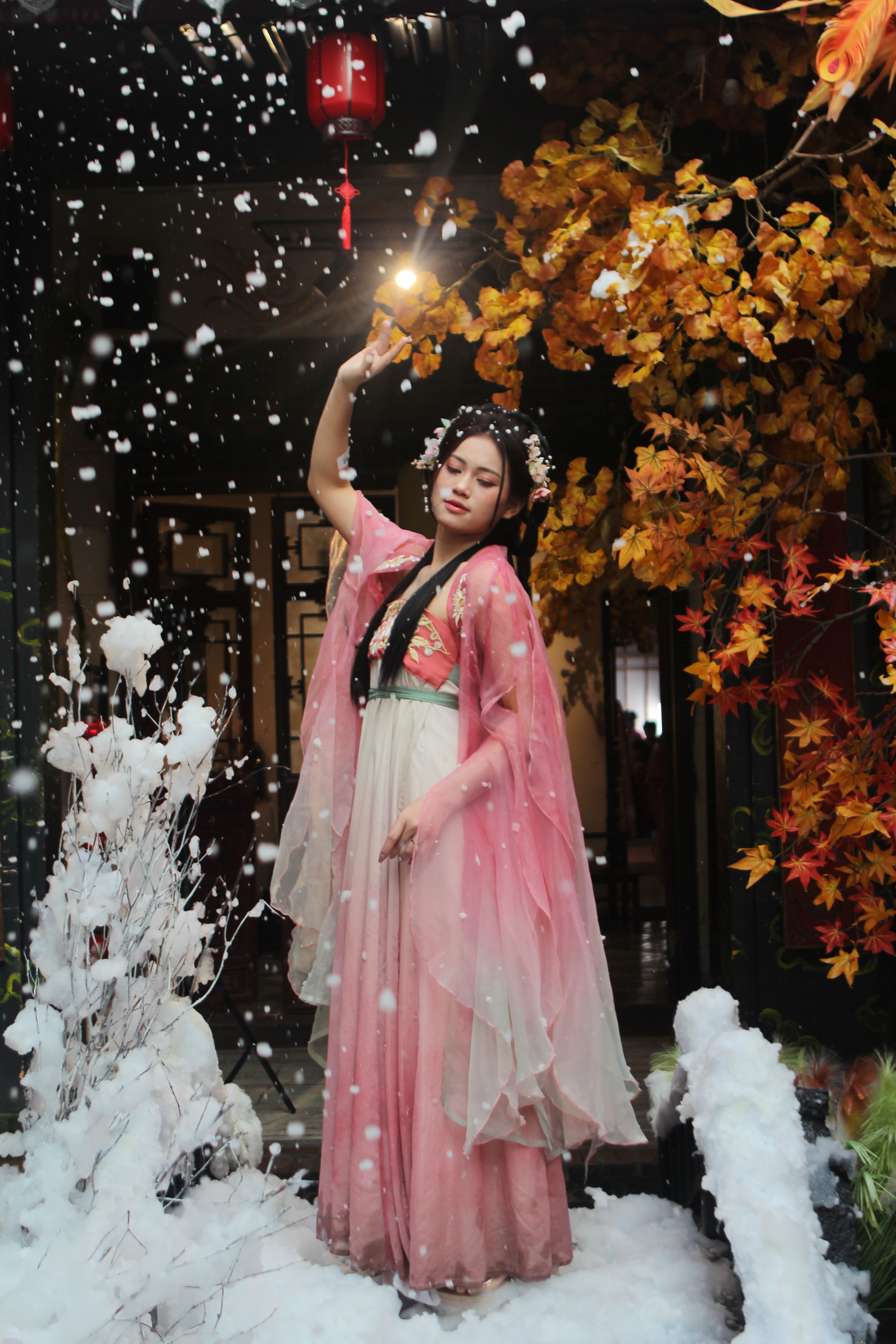 Ethereal Woman in Traditional Costume Amidst Snow  Free Stock Photo