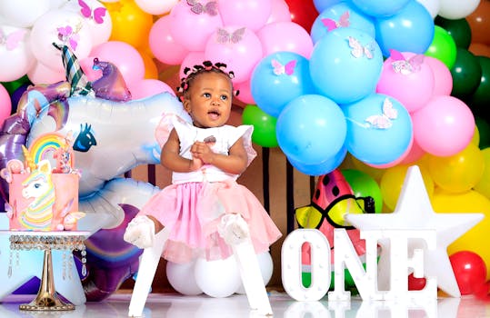 Adorable first birthday celebration with vivid balloons and colorful decorations.
