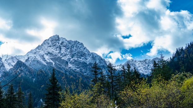 Serene snow-capped mountain with vibrant flora against a dynamic cloudy sky.