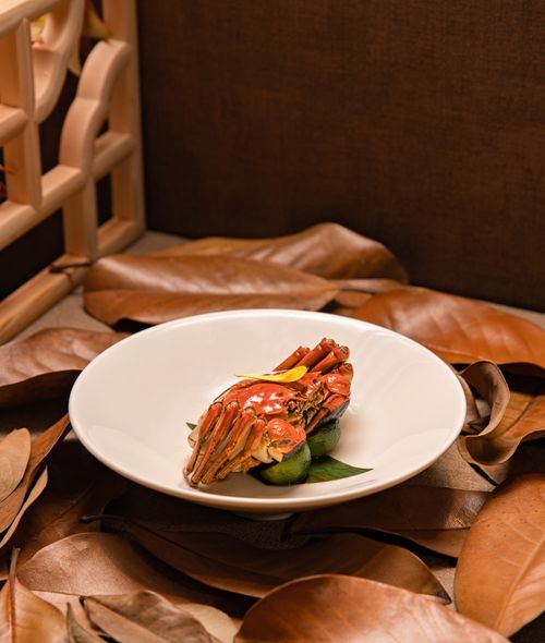 Free A beautifully plated crab dish presented on autumn leaves, offering a taste of elegance and seasonal charm. Stock Photo