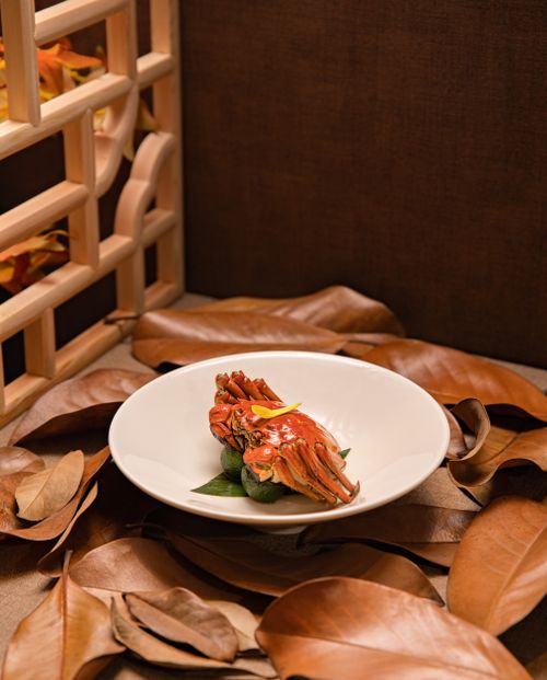 Free Crab dish artfully presented in a white bowl with autumn leaves and wooden lattice backdrop. Stock Photo