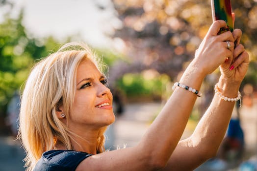 Blonde woman capturing a selfie in a sunlit park with blurred greenery behind.