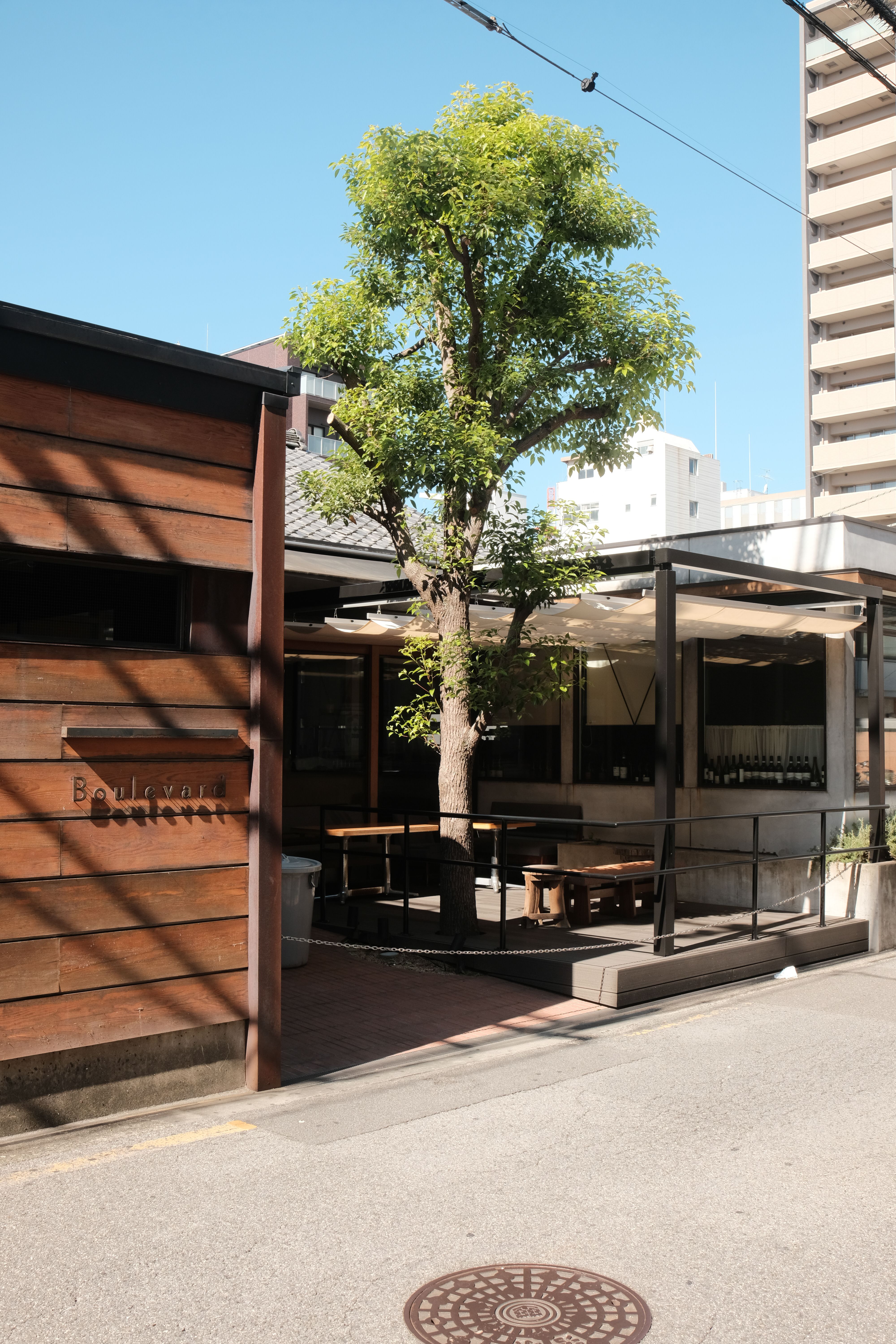 Modern outdoor cafe scene with a tree and wooden design elements under clear skies.