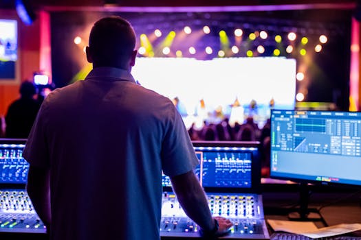 Audio engineer mixing live concert sound at a vibrant event.