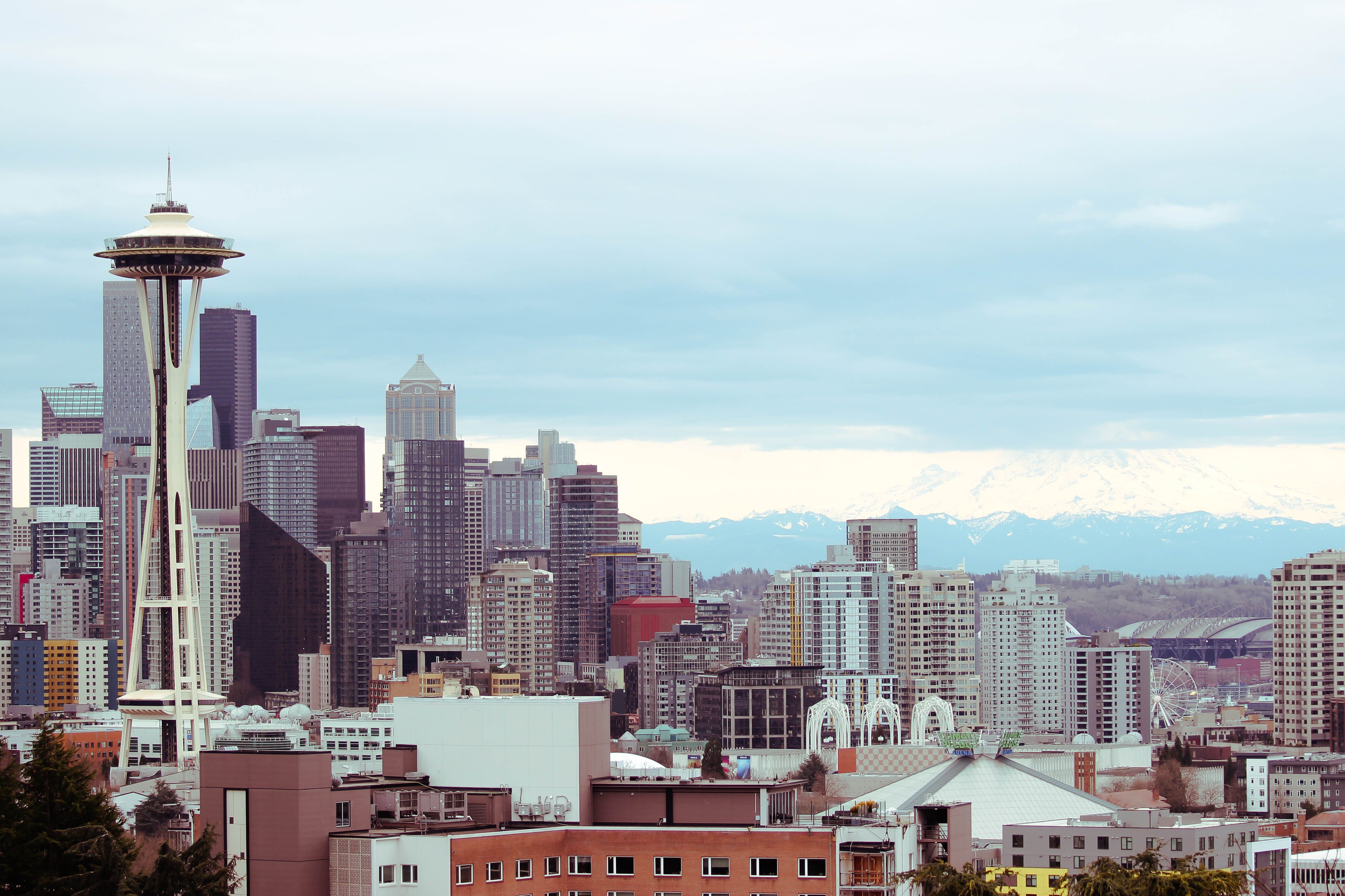 Seattle Skyline with Space Needle and Mount Rainier · Free Stock Photo