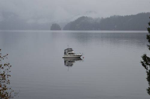 Free A solitary boat floats on a misty lake in British Columbia, surrounded by calm and fog. Stock Photo