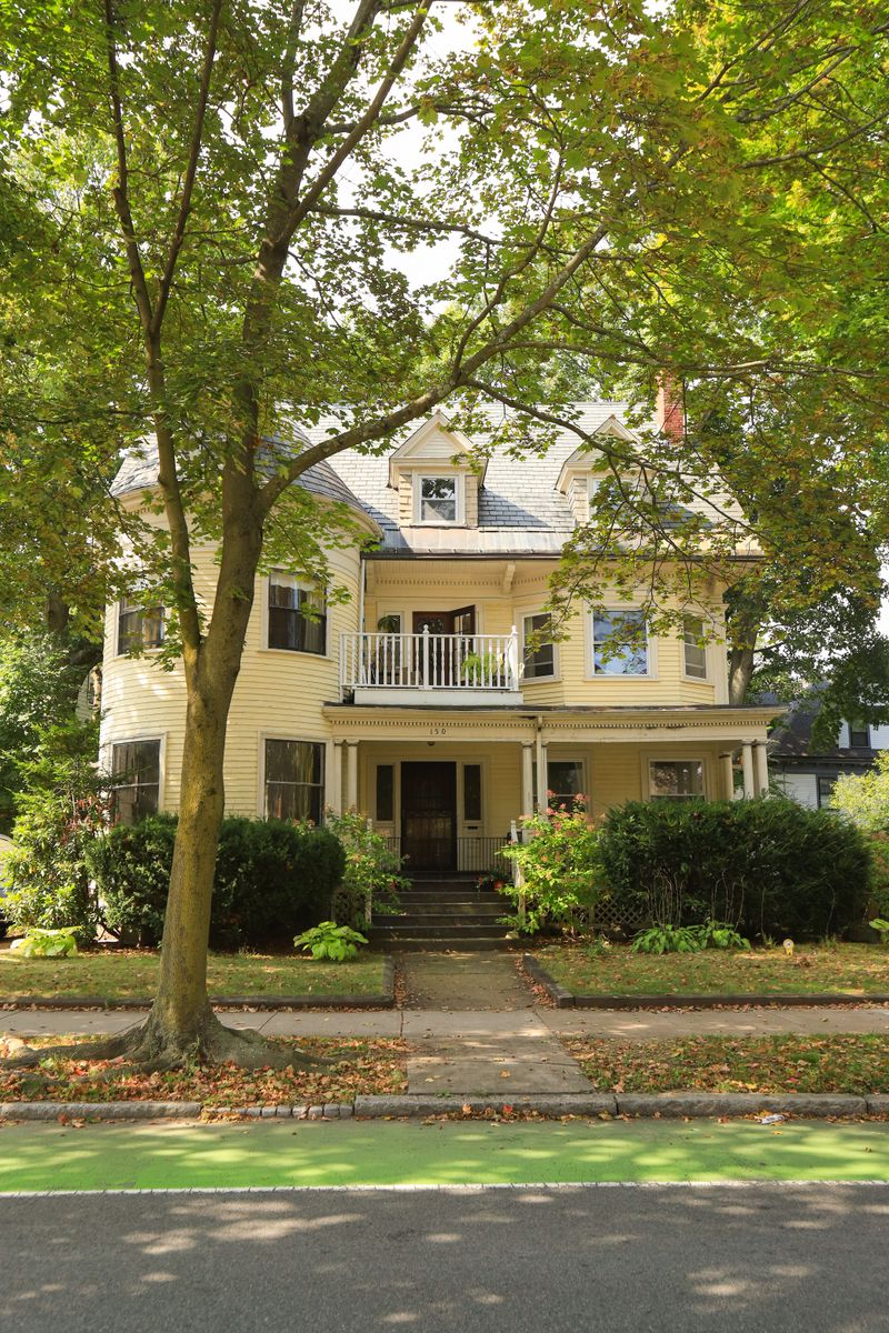 Large Victorian home set behind mature trees on a leafy street