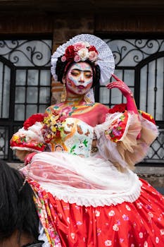 Vibrant portrait of a woman in traditional Day of the Dead makeup and attire.
