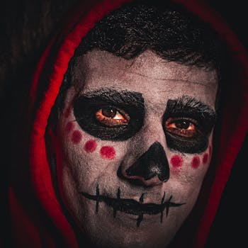 Close-up portrait of a person with traditional Day of the Dead face paint and red hood.