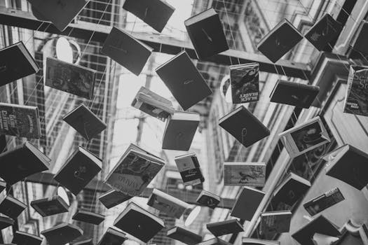 Grayscale Photo of Hanging Books